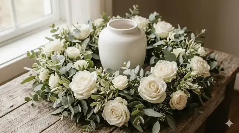 Urnenkranz mit weißen Rosen und Eukalyptus